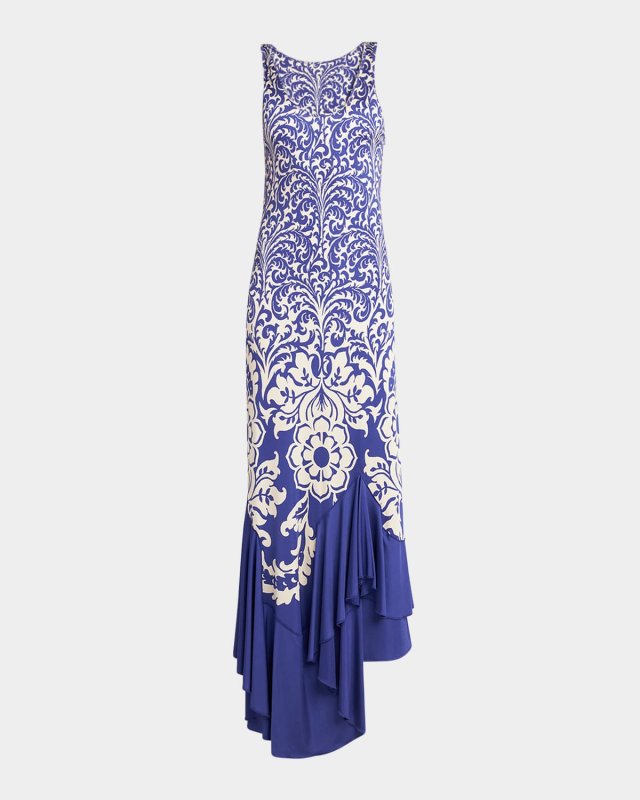 Medallion Paisley Jersey Asymmetric Backless Dress